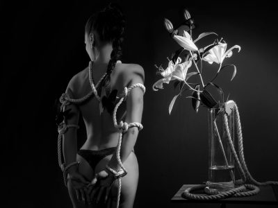 Beautiful naked woman shibari roped with lillys on the front Beautiful naked woman shibari roped with lillys on the front